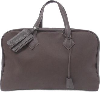 Herm&egrave;s Brown Chocolate Toile Officier Fjord Leather Boston Bag (Pre-Owned)