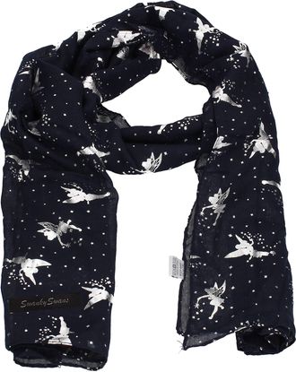 Swankyswans Sally Fairy Print Silver Foil Fairies Womens Warm Winter Shawl Scarf Dark Navy Blue