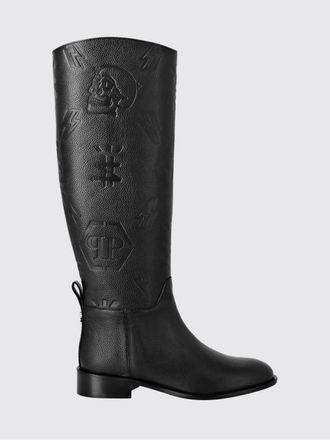 Philipp Plein Knee-High Boots in Grained Leather with Embossed Hexagon Logo