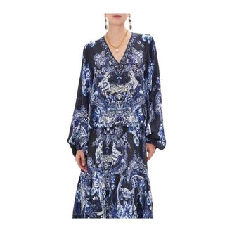 Camilla Blouse met V-hals en Ballonmouwen - Dames - Blouses - Blauw - L - Overhemden