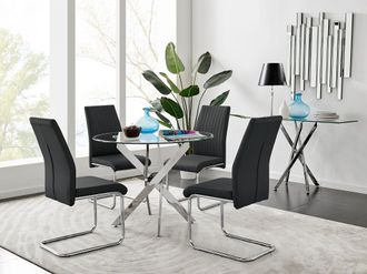 Furniturebox Novara Clear Tempered Glass 100cm Round Dining Table with Chrome Starburst Legs & 4 Lorenzo Faux Leather Chairs in Black