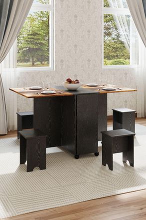 Living and Home Folding Dining Table Set with 4 Stools in Natural