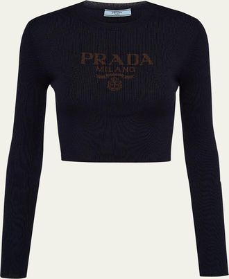 Prada Logo-Intarsia Rib Cropped Silk Sweater