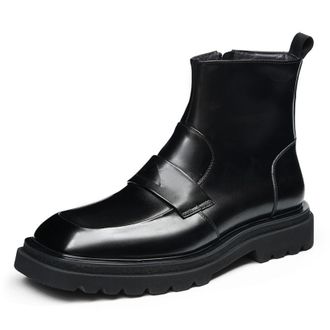 Generic Mens Square Toe Leather Ankle Boots Chunky Heel Platform Short Boots Low Heel Casual Booties with Side Zipper,Black,8.5 UK