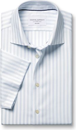 CHARLES TYRWHITT Short Sleeve Non-Iron Cotton Linen Stripe Shirt - Ice Blue Size 17/SH by Charles Tyrwhitt