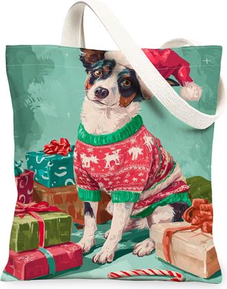 Generic Holiday Dog Canvas Tote Bags, Fanciful Dog Pattern Reusable Shopping Bags, Lightweight Washable Eco-Friendly Canvas for Travel Beach Picnic 13x15 Inch
