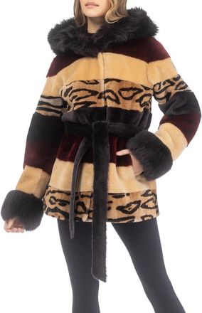 Gorski Genuine Shearling Parka with Genuine Shearling Hood Trim & Cuffs, Belt in Wine/camel/ocelo Print/brown at Nordstrom, Size X-Large