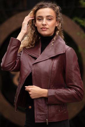 Ashwood Leather Womens Isabella Real Wide Collar Biker Jacket - Wine - Size 14 UK