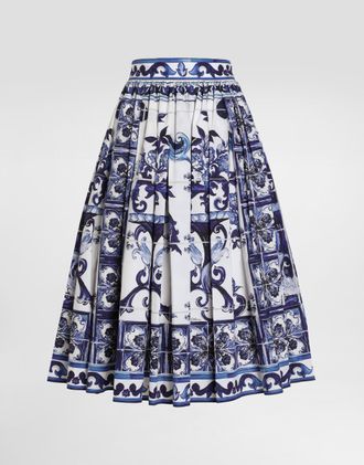 Dolce & Gabbana Poplin Midi Skirt With Majolica Print - Woman Skirts Blue Cotton 36