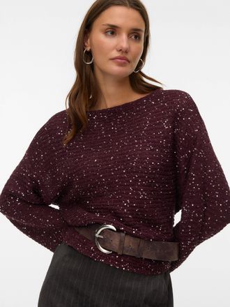 Vero Moda Strickpullover VERO MODA VMLEILANI STITCH LS BOATNECK PULLOVER, Damen, Gr. XL, winetasting detail:with silber seq, Strick, Obermaterial: 68% Polyester