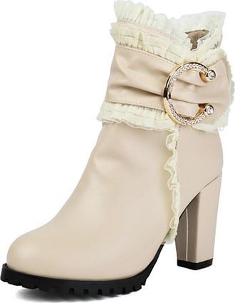 Generic Womens Lace Patchwork Round Toe Ankle Boots Block High Heels Winter Party Wedding Dress Shoes (7.5,Beige)