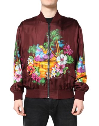 Dolce & Gabbana Mens Maroon Floral Print Full Zip Bomber Jacket Silk Clothing