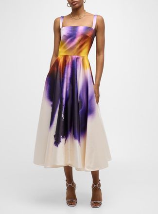 Oscar De La Renta Long Abstract Orchid Satin Fit-Flare Dress