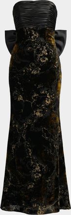 Mac Duggal Satin & Burnout Velvet Strapless Column Gown