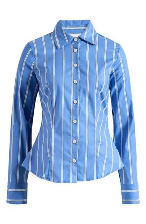 Reformation Raya Fitted Stretch Organic Cotton Shirt in Lake Stripe at Nordstrom, Size 12