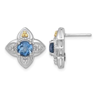 Diamond2Deal Sterling Silver Rhodium-plated with 14k Accent Round London Blue Topaz Flower Stud Earrings