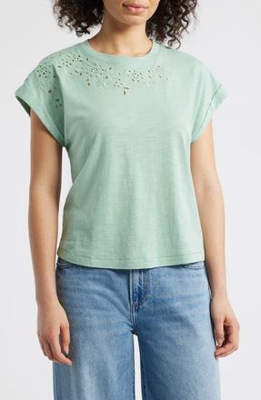 Wit & Wisdom Embroidered Eyelet Cap Sleeve T-Shirt in Vintage Jade at Nordstrom, Size X-Large