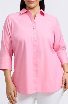 Foxcroft Madison Non-Iron Three-Quarter Sleeve Cotton Button-Up Shirt in Pink Sea Glass at Nordstrom, Size 18W
