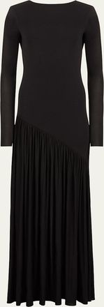 Nina Ricci Asymmetric Plisse Stretch Jersey Long-Sleeve Maxi Dress