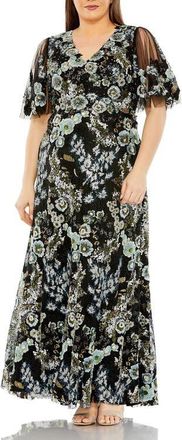 Mac Duggal Sheer Sleeve V Neck Floral Embroidered Gown in Black Multi at Nordstrom, Size 24W
