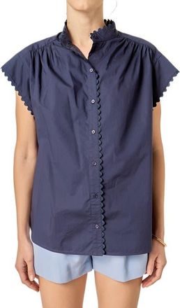 English Factory Rickrack Trim Button-Up Cotton Shirt in Navy at Nordstrom, Size X-Small