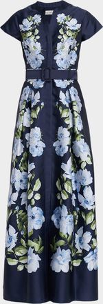 Sachin & Babi Marta Belted Floral-Print Mikado Shirt Gown