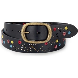 OLD TREND Blossom Genuine Leather Hand Stitched Colorful Detail Belt in Black at Nordstrom, Size Medium