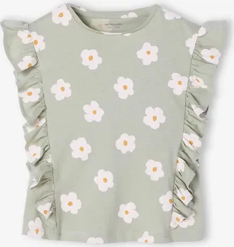Vertbaudet M&auml;dchen Top mit Volants und Blumenmotiven, Recycling-Baumwolle salbeigr&uuml;n