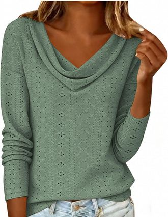 Generic Ladies Elegant Tops UK 2026 Fashion Long Sleeve Cowl Neck Shirts Spring Summer Sexy Hollow Out Eyelet Blouse Dressy Casual Solid Color Loose Fit T-Shi