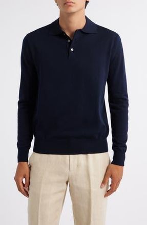 Aur&eacute;lien Long Sleeve Cashwool Polo Sweater in Navy at Nordstrom Rack, Size Large