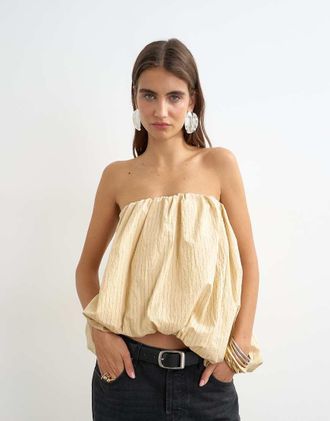 Topshop Top a fascia con orlo a palloncino asimmetrico a righe color talpa-Giallo