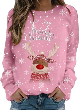 Generic Ladies Christmas Jumpers Christmas Sweatshirt For Women Cute Reindeer Print Sweatshirt Loose Funny Xmas Jumpers Long Sleeve Crewneck Shirt Ladies Fash