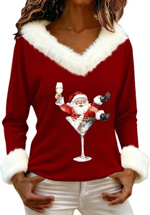 Generic Christmas Sweatshirts for Women Soft Plush Trim V Neck Xmas Print Tops Funny Wine Glass Graphic Long Sleeve Pullover Top (Z02-Red, S)