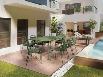 Vente-Unique Sala da pranzo da giardino un tavolo L.200 cm e 8 poltrone impilabili in Metallo Kaki - MIRMANDE di MYLIA