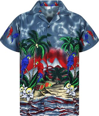 V.H.O. Funky Hawaiian Shirt, Shortsleeve, Parrot, Grey, 4XL