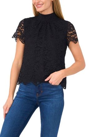 CeCe by Cynthia Steffe Bow Mock Neck Lace Top in Rich Black at Nordstrom, Size Large