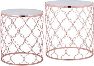 WOMO-DESIGN Womo-design - Set di 2 Tavolini da Caffe Phoenix Rotondi 40x45 e 45x50 Struttura in Metallo Color Rame e Marmo Bianco Banswara per Soggiorno Tavolo