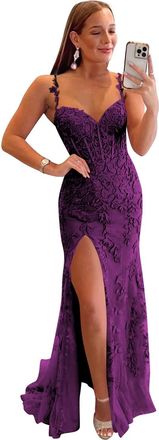 Generic Womens Sweetheart Lace Applique Evening Gowns Tulle Mermaid Prom Dresses Long Spaghetti Strap Backless Party Dress