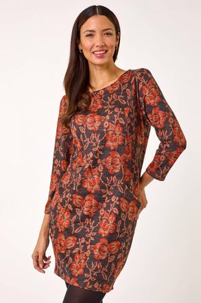 Roman Floral Leaf Pocket Stretch Shift Dress