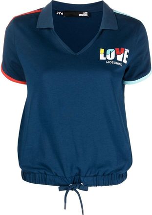 Love Moschino logo-print drawstring polo top - women - Cotton - 46 - Blue