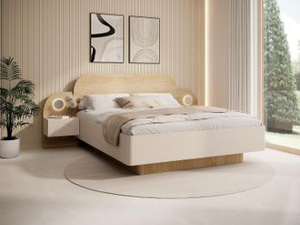 Vente-Unique Letto contenitore 160 x 200 cm - Con comodini e LED - Colore: Beige e Naturale - DARTAGNO