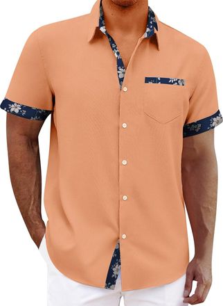 Generic Hawaiian Shirt for Men Summer Textured T-Shirts with Pocket Floral Shirts Casual Short Sleeve Button Up Tropical Tops Camisa De Algodon para Hombre(Or
