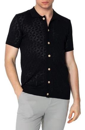 Ron Tomson Geometric Open Knit Polo in Black at Nordstrom Rack, Size Xx-Large