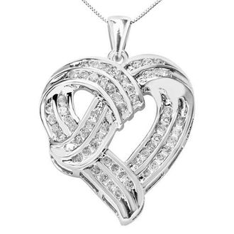 House of Brilliance Silver 1 1/4 Cttw Round Diamond Openwork Ribbon Weave Heart Pendant 18 Necklace in White at Nordstrom