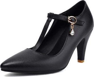 Generic Womens Pointed Toe T-Strap Ankle Strap Pumps Adjustable Buckle Crystal Charm High Heel Smooth Upper Soft Insole Non-Slip Shoes,Black,6.5 UK
