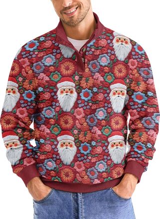 Generic Mens Christmas Sweatshirts Vintage Xmas Knit Print Zip-Up Sweatershirt 3D Printed Long Sleeve Button Pullover Casual Tops