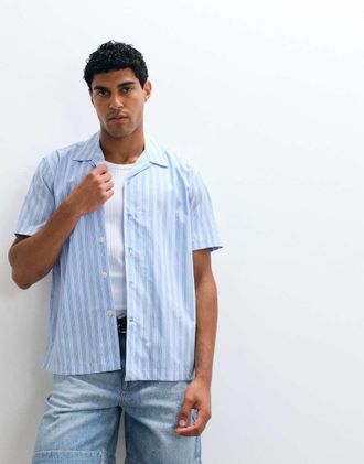 Selected Camicia a maniche corte in popeline azzurro a righe-Blu