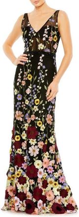 Mac Duggal Sleeveless Hand Stitched Floral Applique Dress in Black Multi at Nordstrom, Size 0