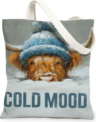 Generic Winter Animal Canvas Tote Bags, Highland Cow Design Reusable Grocery Bags, Vintage Cozy Lightweight Washable Shoulder Strap, Gray, 13x15 Inch