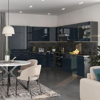 Vicco Cocina Esquinera Fame-line, Azul Oscuro Alto Brillo/antracita, 257 X 60 Cm, Et M&aacute;rmol